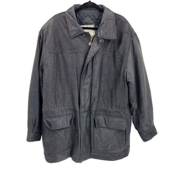 Vintage 80's John Ashford Leather Coat Anorak Jacket Collared Drawstring Black L
